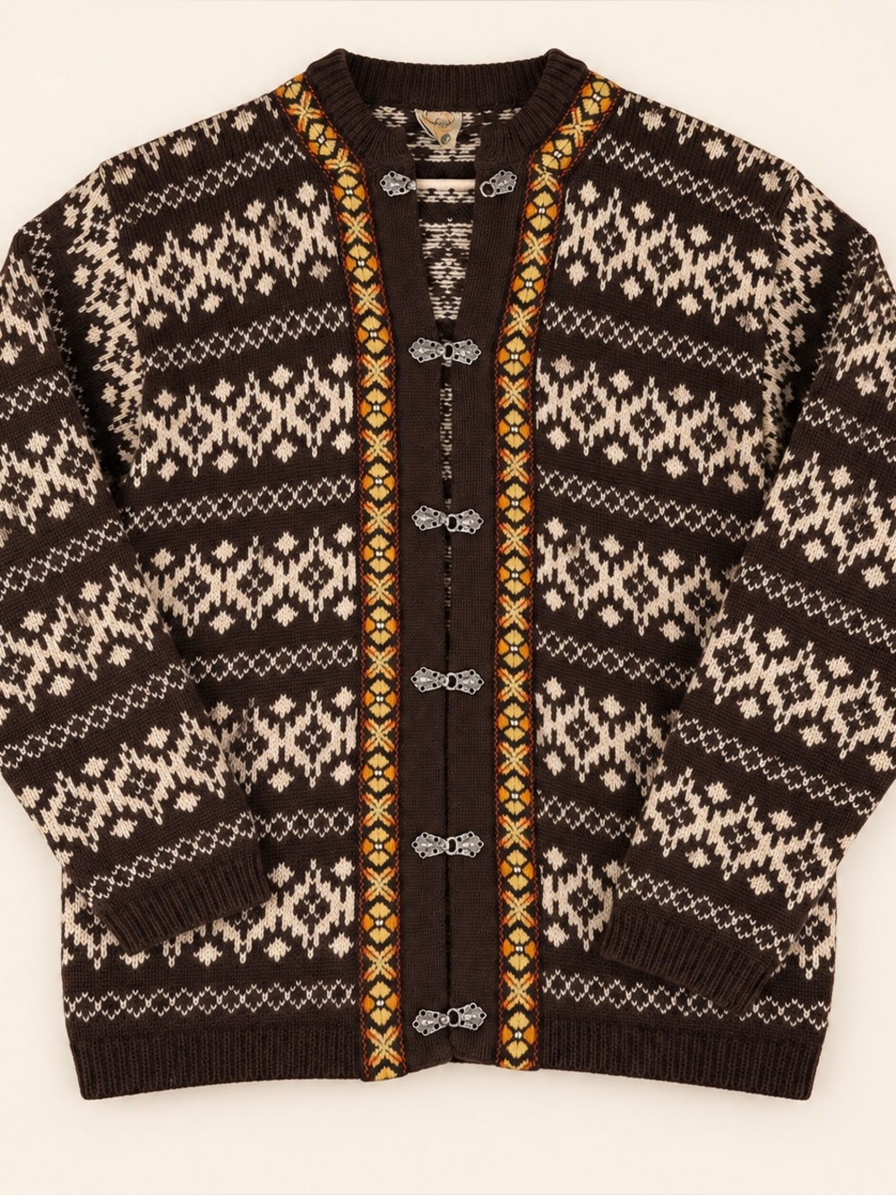 Dirdalstrikk Vintage Norway Wool Cardigan Nordic Fair Isle Pewter Clasp Brown 14